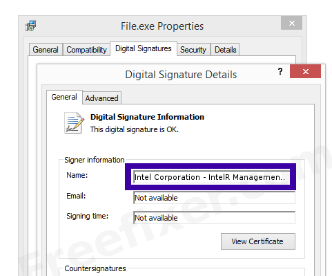 Screenshot of the Intel Corporation - IntelR Management Engine Firmware certificate